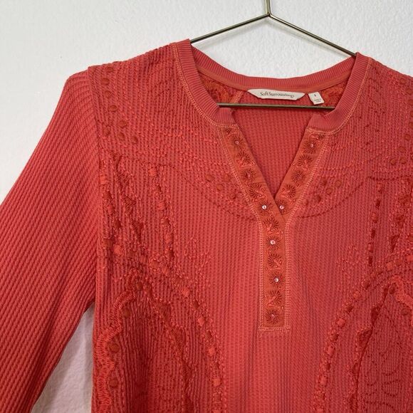 Soft Surroundings Waffle Thermal Top Small Orange Embroidered Long Sleeve Artsy - Picture 1 of 8